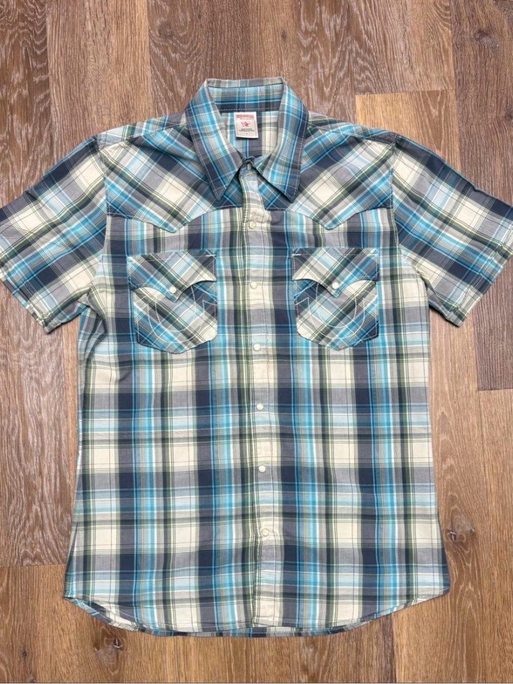 Vintage True Religion Y2K Western Blue Teal Plaid Pearl Snap Shirt Size Large.